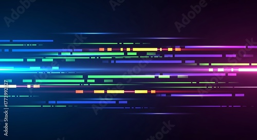 Abstract colorful horizontal speed lines on a dark blue background, technology motion background with glowing streaks