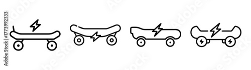 Collection of simple electric skateboards with lightning bolt symbols for power