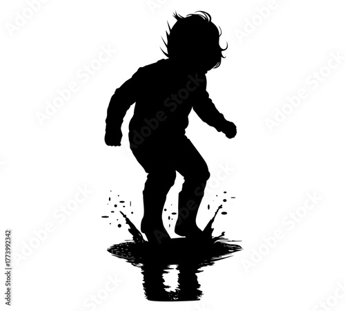 Child jumping in puddle silhouette vector graphic with water splash