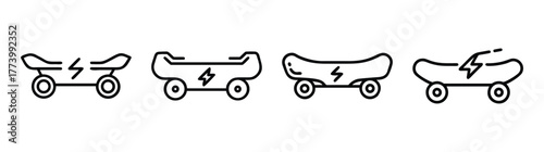 Four icons of electric skateboards with lightning bolt symbol representing power and speed