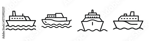 Collection of four ferry boat icons with various designs sailing on waves