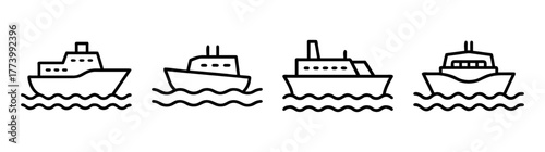 Set of four simple line art ferries sailing on wavy water isolated on