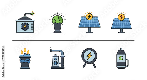 Renewable energy icon set featuring solar, wind, and geothermal elements in flat style