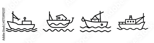Collection of four simple fishing boat graphics on waves nautical maritime vessels sea transportation
