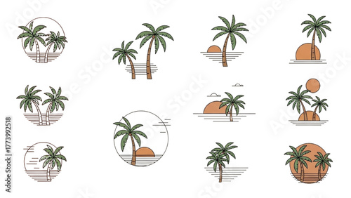 Stylized tropical palm tree and sunset island vector illustrations, a versatile collection of minimalist summer icons