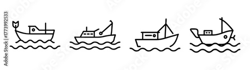 Collection of four simple line art fishing boats sailing on wavy water seamless pattern