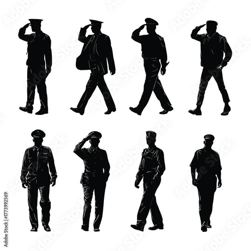 Silhouettes of uniformed officers saluting and walking in various poses and styles