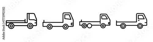 Collection of flatbed truck icons showing different wheel configurations and designs