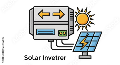 Colorful inverter and solar panel diagram with sun and electricity symbol