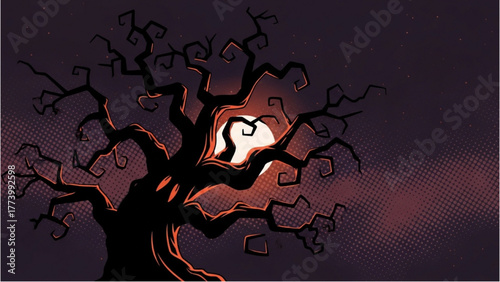 Haunting silhouette of a ancient, gnarled tree against a luminous full moon in a chilling and mysterious dark night