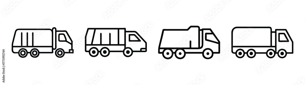 Fototapeta premium Collection of simplistic line art garbage trucks and delivery trucks for recycling and hauling