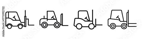 Set of four forklift icons showing different lift heights and positions for industrial transport and logistics