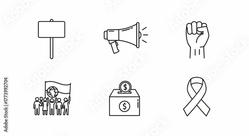 Protest and activism outline icons: fist, megaphone, ribbon, sign, donation box, group flag