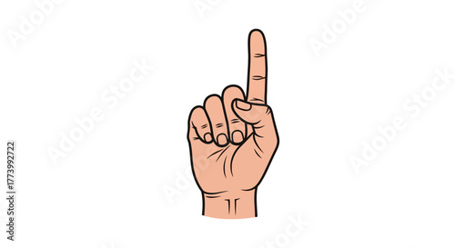 Hand gesture in cartoon style: one finger pointing up on white background