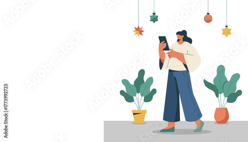 Woman using smartphone in a modern home environment with houseplants and decorative hanging ornaments