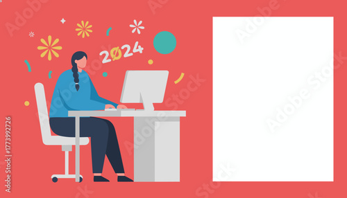Businesswoman working on 2024 goals Festive office illustration with blank copy space