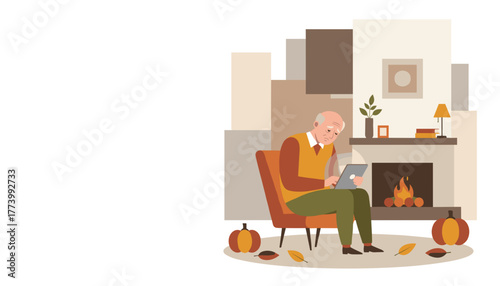 Senior man sadly uses tablet by the cozy autumn fireplace feeling loneliness or connection