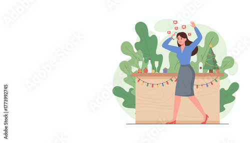 Overwhelmed woman stressed by work messages during a holiday party illustration