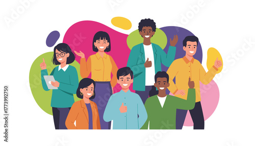 Happy diverse professionals smiling and giving thumbs up symbolizing successful teamwork and unity