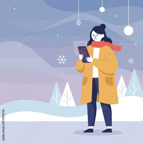 Frustrated woman holding tablet with connection errors outdoors in a snowy winter scene