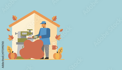 Flat vector of man working with machine tool seasonal fall hobby illustration with copy space