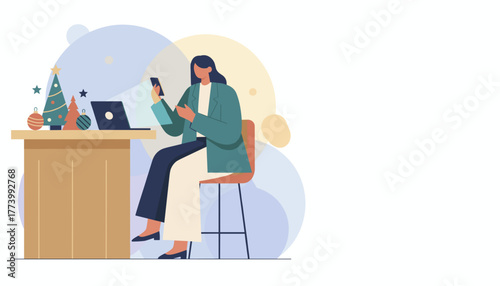 Professional woman working on smartphone at a festive desk during the holiday season