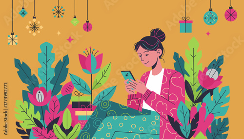 Woman smiles using her smartphone among vibrant plants and festive holiday decor