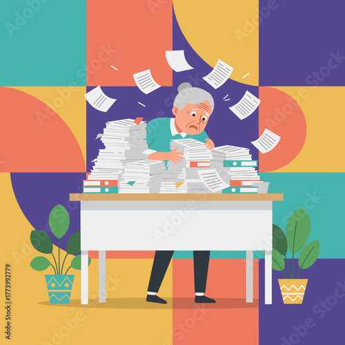 Stressed elderly woman overwhelmed by mountains of paperwork on her office desk High workload