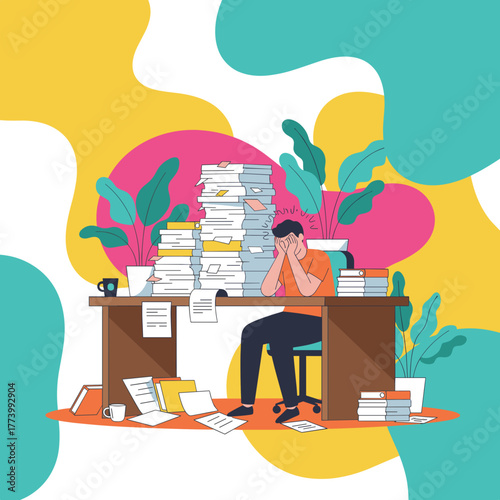 Burnout concept Person overwhelmed by work massive pile of documents deadline stress