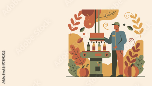 Worker bottling autumnal products on production line with harvest elements Copy space