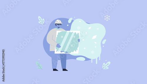 Worker holding frozen window pane illustration for winter insulation concept