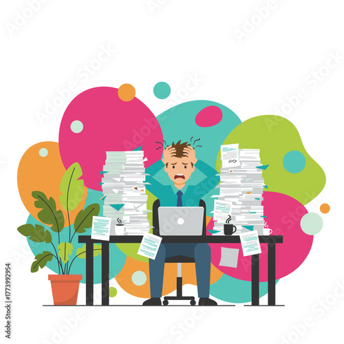 Burnout concept Frustrated employee overwhelmed by paperwork