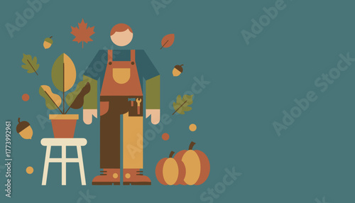 Seasonal handyman illustration with fall leaves pumpkins and a potted plant