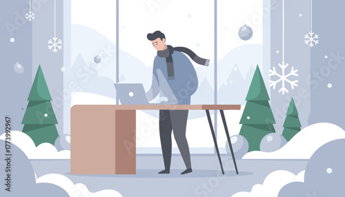 Remote worker in scarf uses laptop at desk overlooking snowy mountain winter landscape Christmas decor