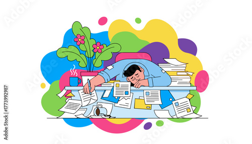 Overworked employee sleeping at a messy desk buried under files Professional burnout concept