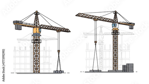 Construction Cranes Lifting Heavy Loads at Building Sites