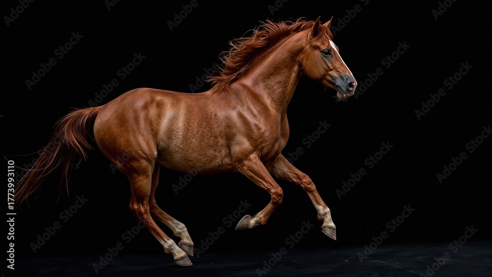 Obraz premium A brown horse running on a black background.