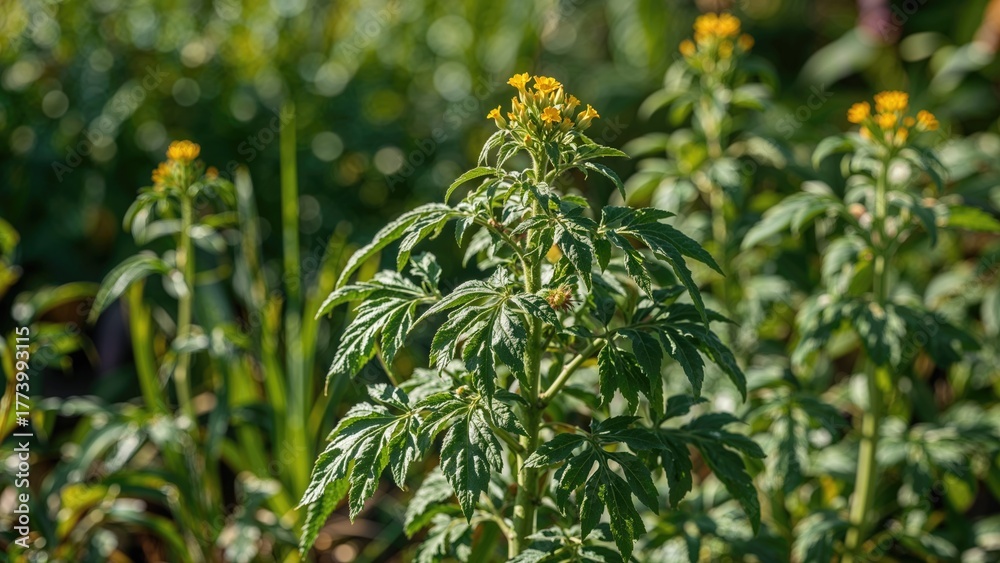 Fototapeta premium A close-up of a green plant with yellow flowers in a garden, surrounded by other plants and foliage.