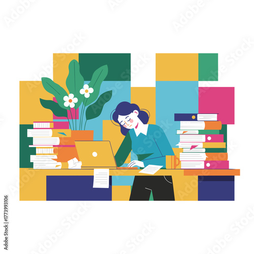 Burnout concept Woman sleeps on desk overwhelmed by work papers and corporate pressure