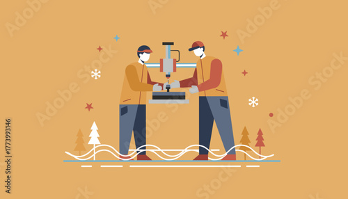 Manufacturing teamwork with CNC machine Industrial production engineering and winter efficiency illustration