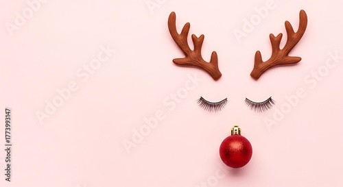 Wallpaper Mural Festive reindeer face with antlers, eyelashes, and a red ornament on a pink background, capturing the whimsical spirit of christmas and holiday cheer Torontodigital.ca
