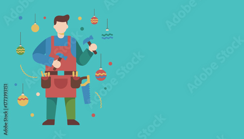 Festive handyman holding hammers and wearing a tool belt ready for Christmas DIY projects