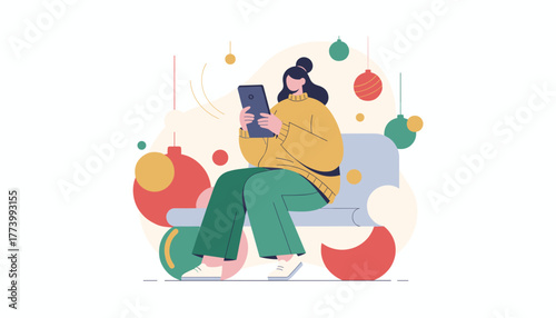 Woman using tablet on sofa surrounded by holiday ornaments Christmas shopping illustration