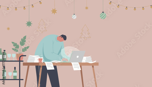 Busy man working late on laptop at a cluttered desk during the holiday season Yearend stress