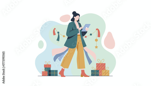 Woman shopping online on a tablet surrounded by festive gifts and decorations Ecommerce concept