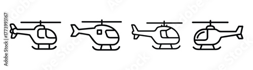 Four simple line art helicopters in a row for design projects