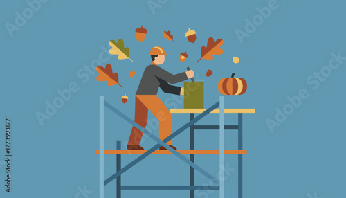 Seasonal construction work blending industry with the autumn holidays