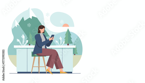 Woman using mobile phone in a modern space with an abstract winter mountain landscape view