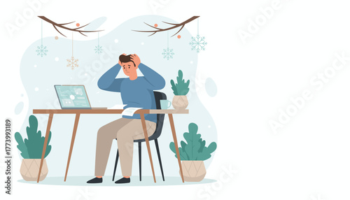 Overwhelmed man stressed about work or taxes while sitting at a desk decorated for winter holidays