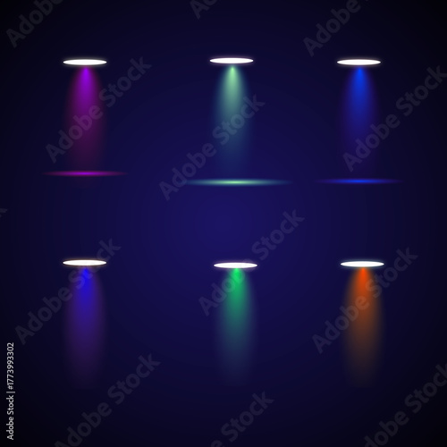 Collection of six colorful stage spotlights shining down.Spotlight sources, concert light effect, flashlight set on dark blue background.